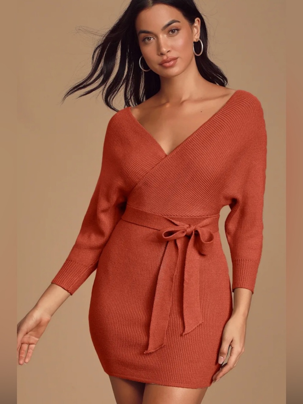 Lulu's Rust Brown Wrap Sweater Dress